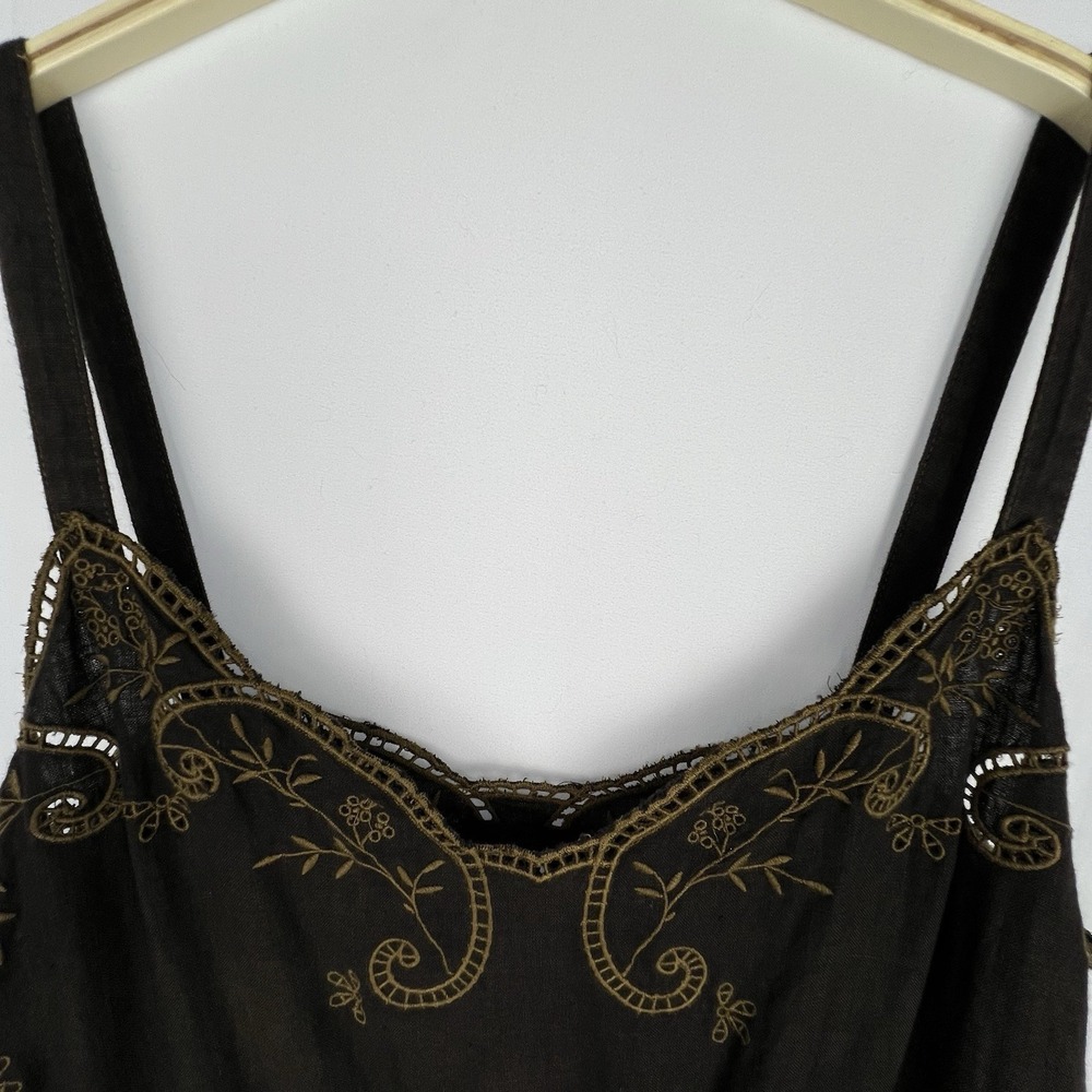 J.CREW Brown 100% Linen Embroidered Slip Dress Women 16 Boho Peasant Pockets - Picture 3 of 14